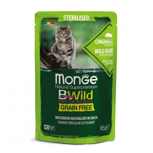 پوچ گربه عقیم شده مونژه Bwild طعم گوشت گراز وحشی و سبزیجات