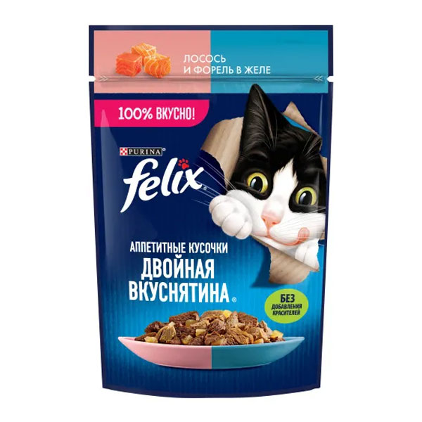 پوچ گربه فلیکس پورینا طعم ماهی سالمون و قزل آلا در ژله