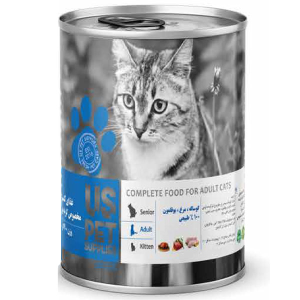 کنسرو گربه یو اس پت طعم گوساله و مرغ و بوقلمون